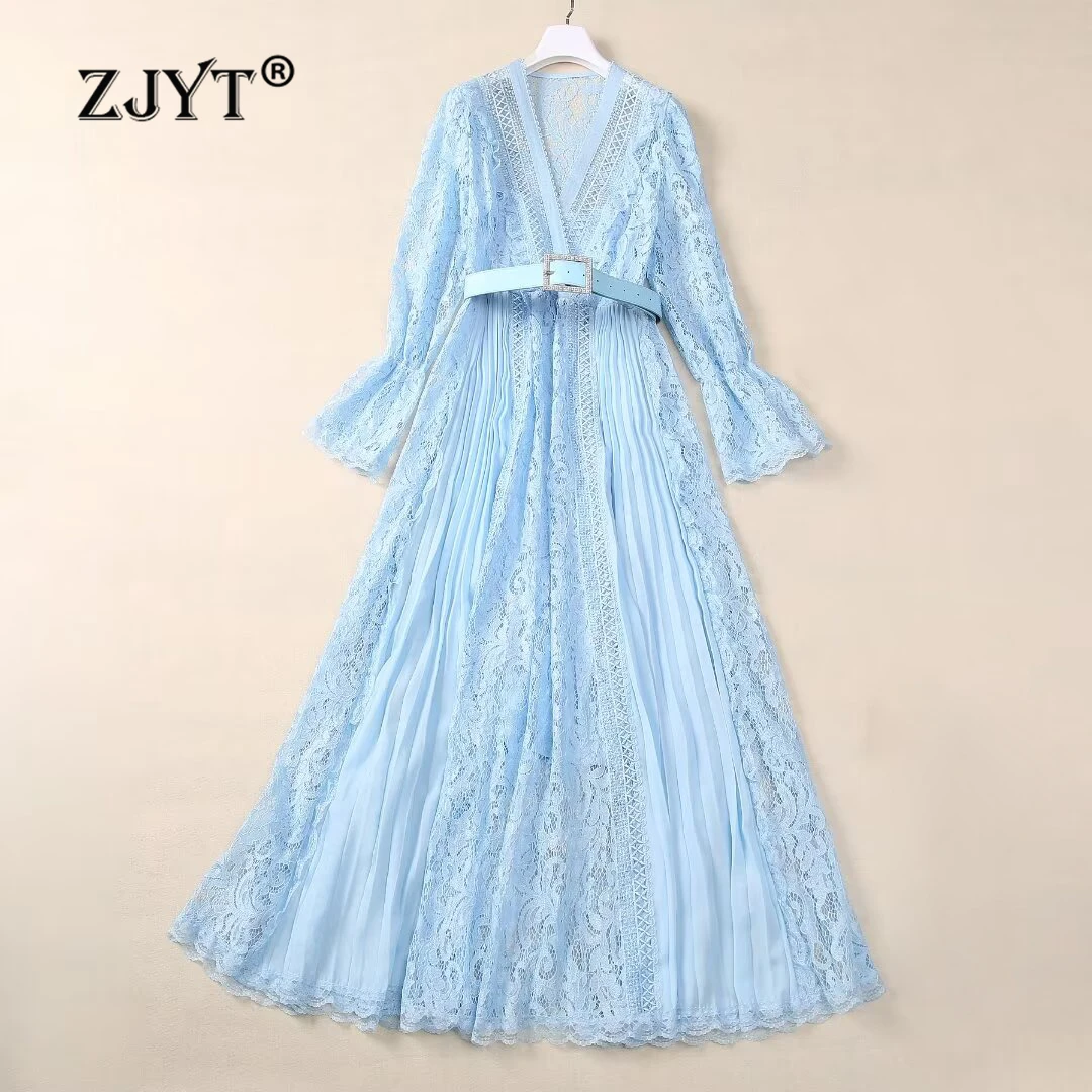 ZJYT Chiffon Patchwork Lace Long Dresses Vestidos Para Mujer Elegant Flare Sleeve Belt Party Dresses Blue Black Pink Summer Robe