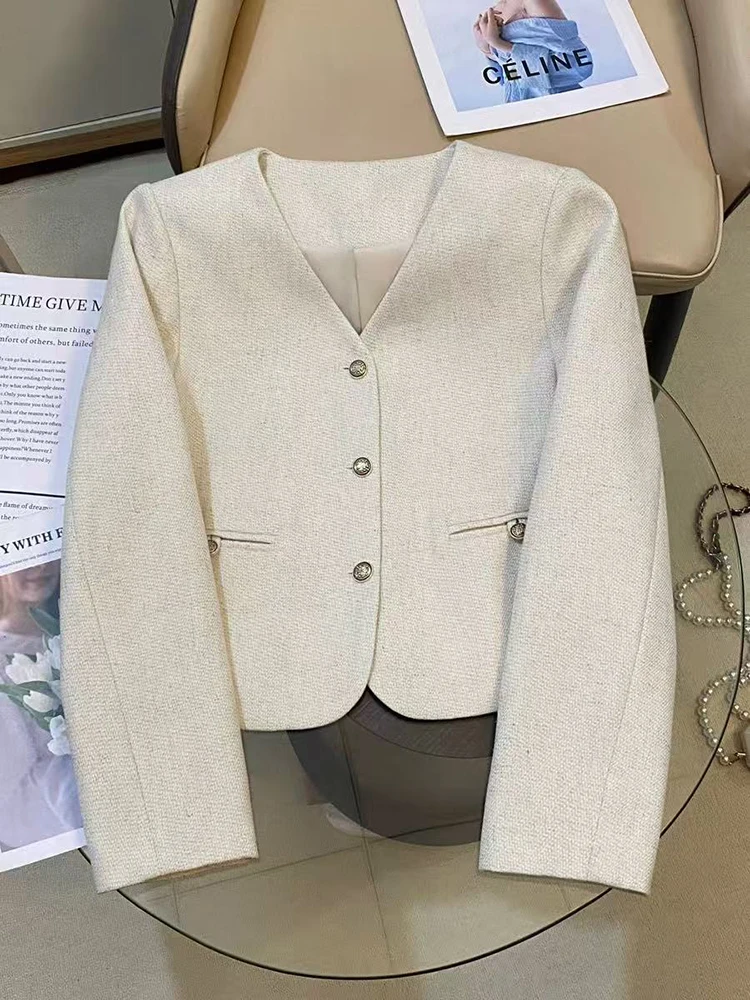 الكورية شيك الخامس الرقبة السترة للنساء الخريف فضفاضة واحدة الصدر رداء غير رسمية سترة Y2K أنيقة مكتب سيدة كل مباراة ملابس خارجية