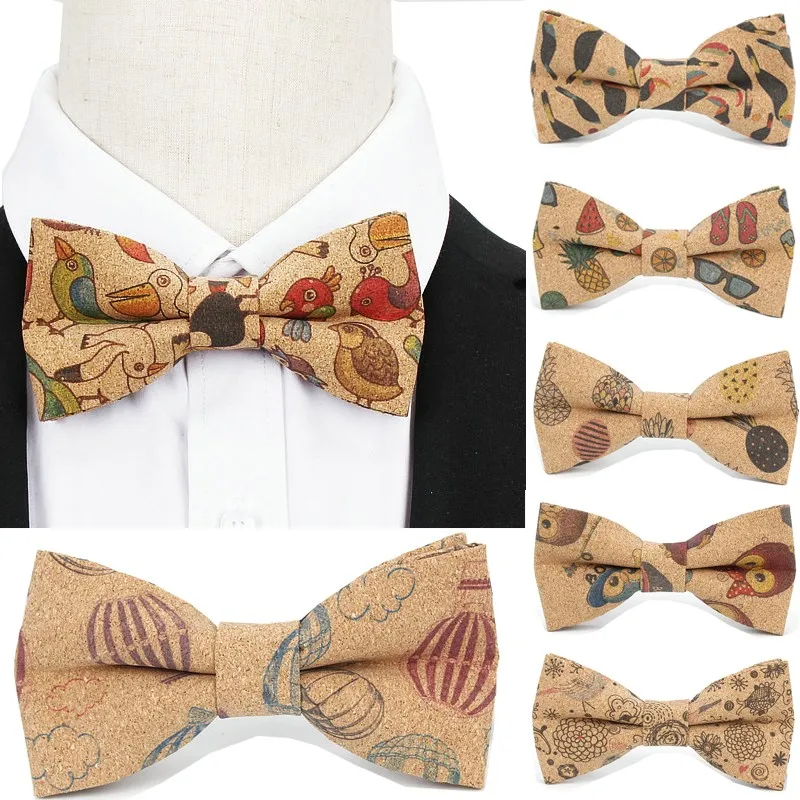 Brand Elegant Men Vintage Flower Birds Print Cork Bowtie For Man Wedding Casual Animal Retro Wood Bow Tie Butterfly Accessories