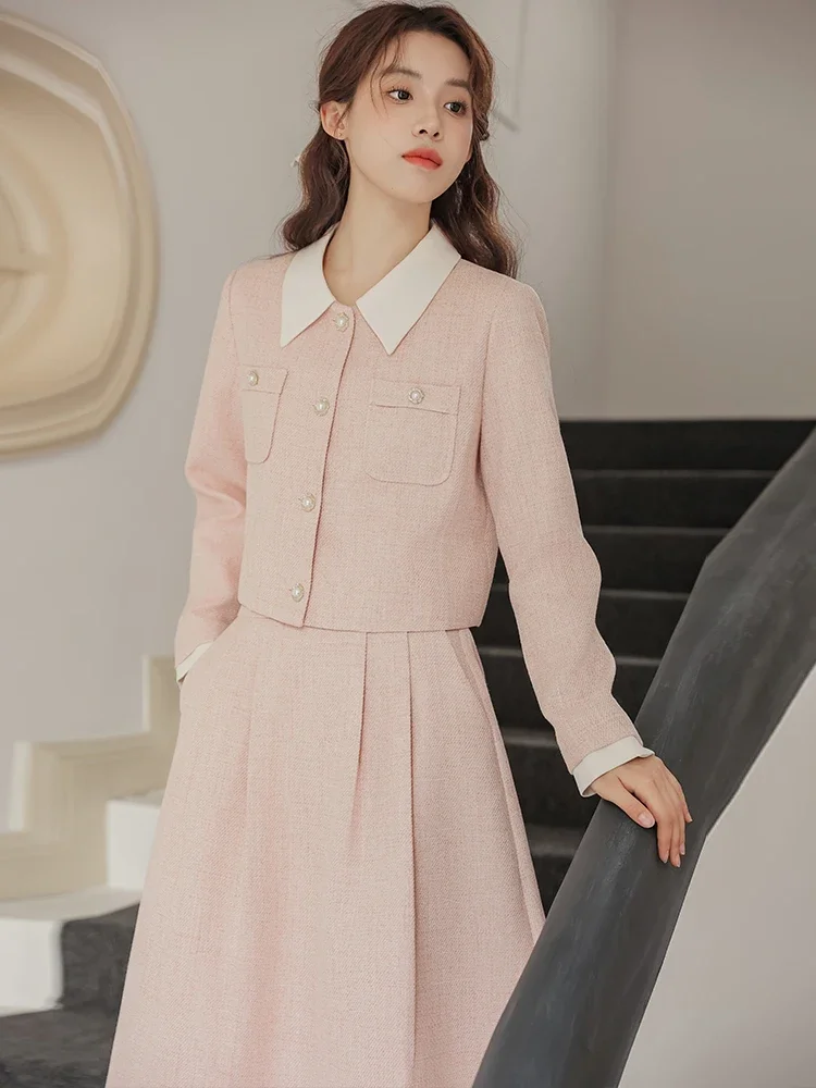 

2024 Autumn New Women Two Piece Skirt Sets French Elegant Pink Long Sleeve Short Jackets + High Waist A Line Long Skirt Outfits