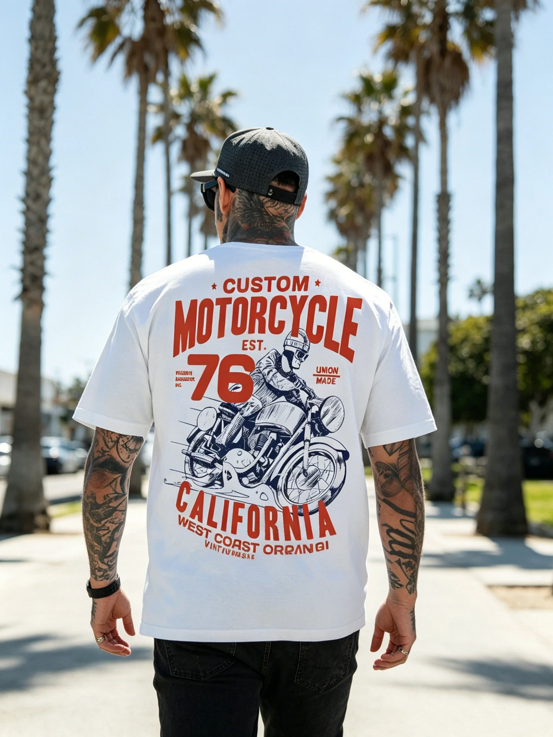 New 2026 Summer Heavy Retro Cotton Chunky Motorcycle Printed Loose Short Sleeve T-shirt Men's Motorcycle American Tide Brand