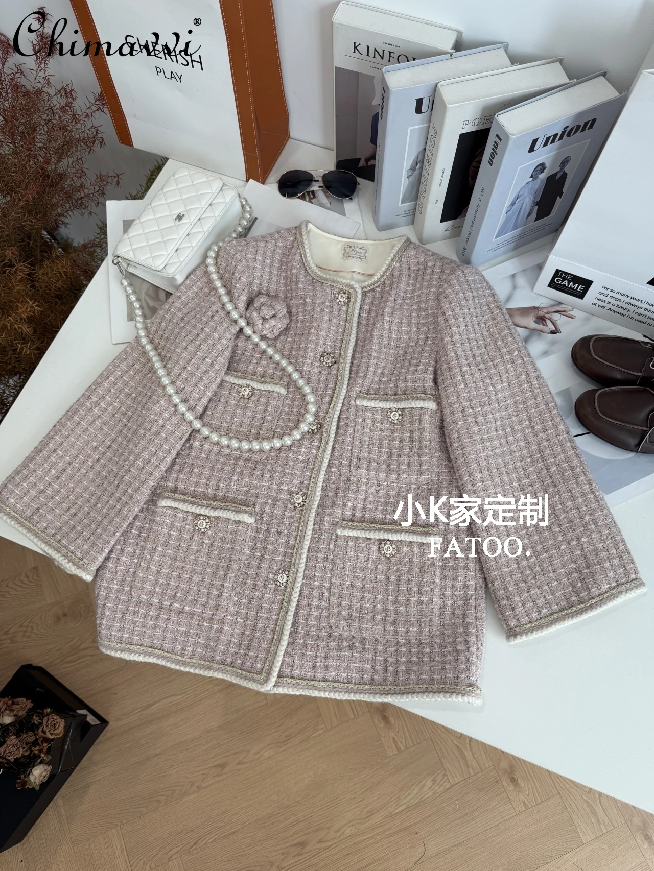 

Высококачественное розовое твидовое короткое пальто для женщин, осень-зима 202, новая модная утягивающая элегантная женская куртка, топ