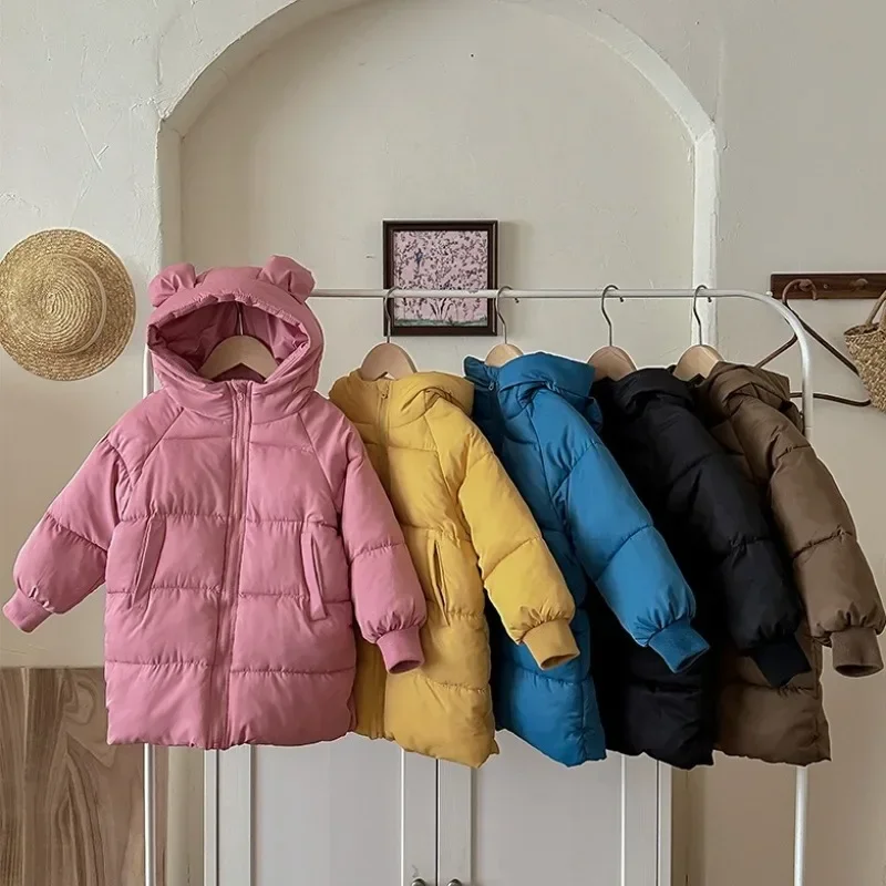 

2024 New Children Winter Jacket Girls Cotton Padded Parkas Baby Padded Solid Coat Kids Long Hooded Waterproof Thicken Snowsuits