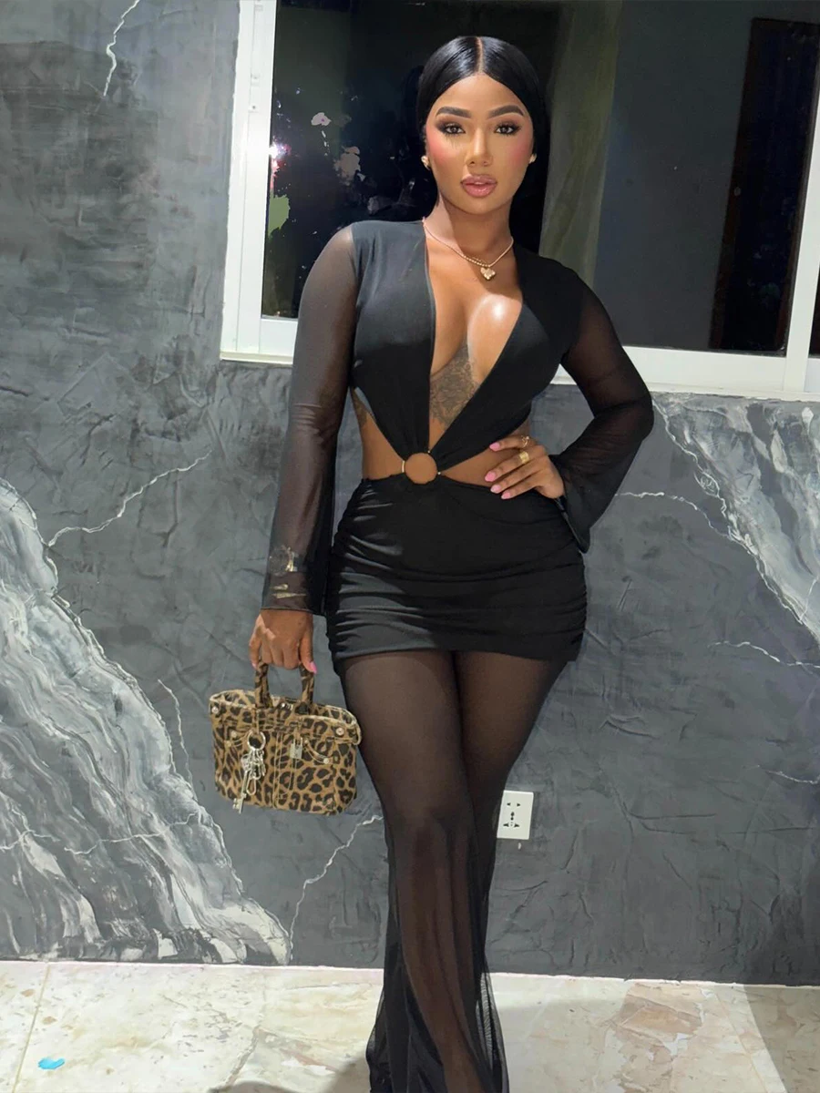 Cutenew Chic Waistless Jumpsuit Woman 2026 spring Hollow Metal Buckle v-neck Sexy patchwork mesh Elegant midnight Club Overalls