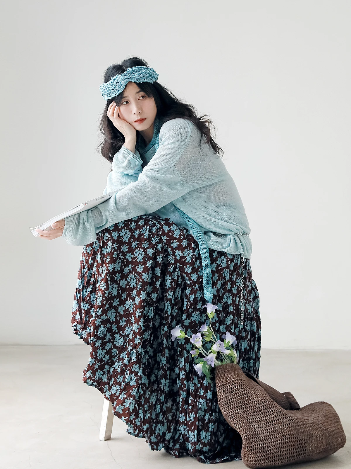 

Blue Floral Print A-Line Midi Skirt High Waist Knitted Top Set Women's Fashion Spring Summer Outfit Casual Comfortable Size