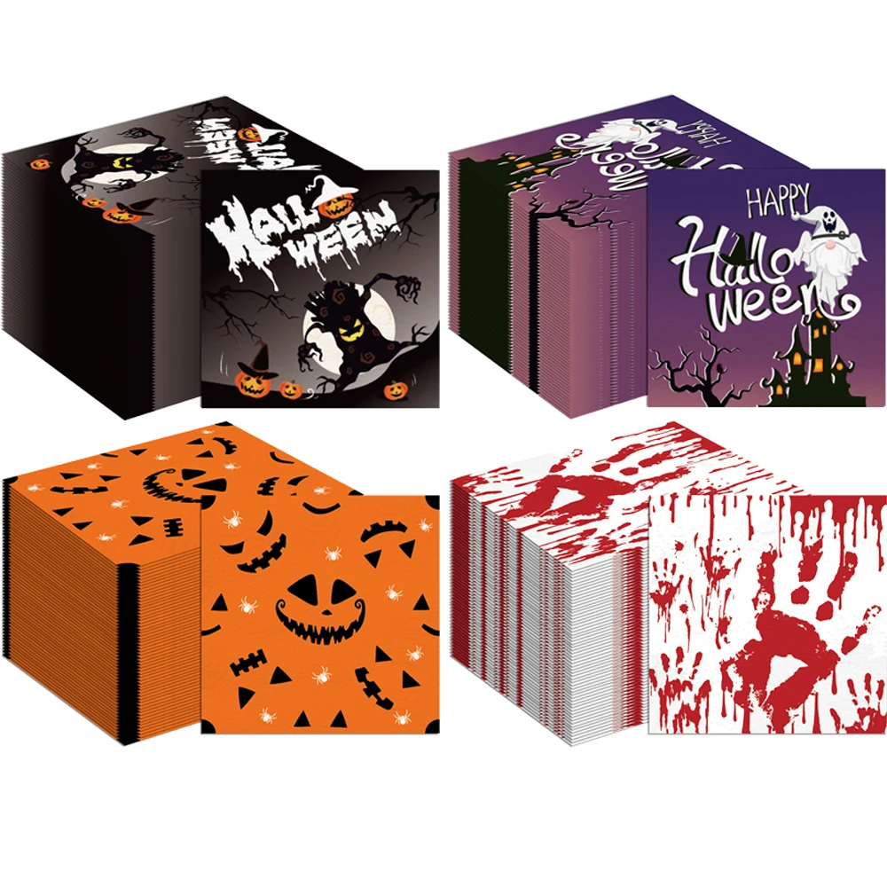 【セール中】20/40/60/80/100 個ハロウィンテーマパーティー使い捨てナプキンカクテルナプキンコウモリクモカボチャハロウィンホリデー装飾食器