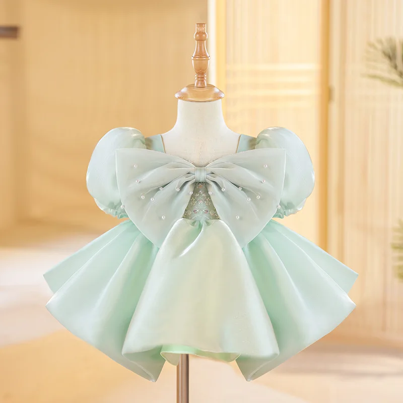 Customized Bow Deisgn Puff Sleeve Square Collar Kids Birthday Party Vestidos Simple Solid Flower Girls Dresses Pleated Princess