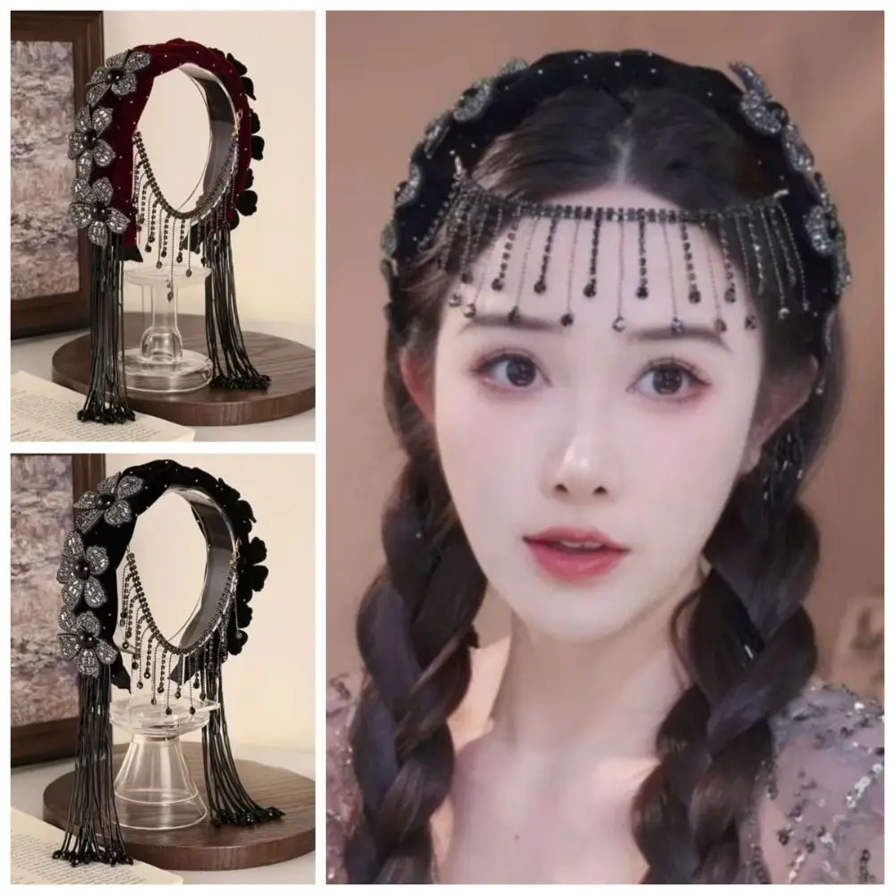 

Изысканная широкая повязка для волос в корейском стиле с цветами, стразами и кисточками, милая и элегантная повязка-ободок