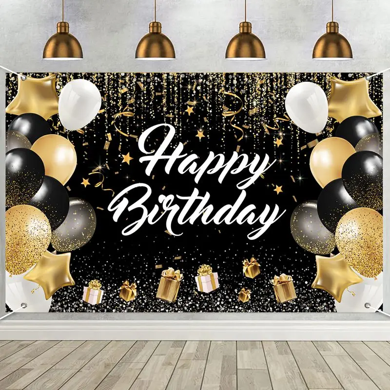 Black Golden Happy Birthday Backdrop Banner Background 30th 40th 50th Birthday Photo Background Birthday Party Backdrop Decor