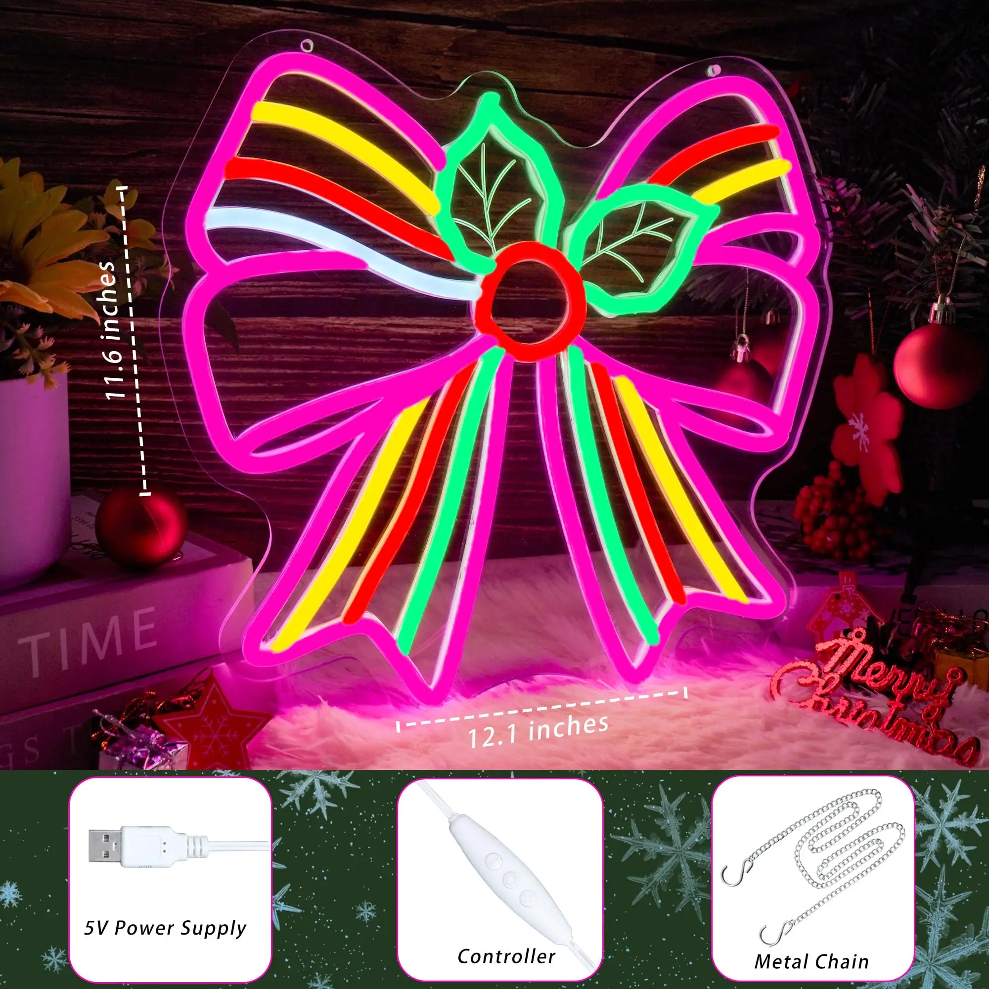 Christmas Holly Bow Neon Sign Carving Dimmable USB Powered LED Light Up Sign for Wall Decor Bedroom Window Holiday Party Gift