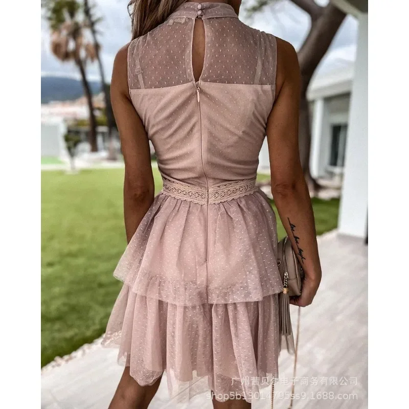 Elegant 2025 Sleeveless O Neck Bow Mesh Corset Tierred Ruffle Pleated Mini Dress Sexy Women Lace Cut Out Evening Party Dress