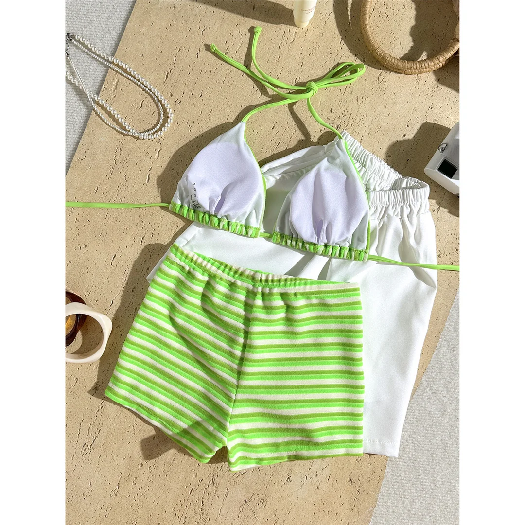 Neuer gestreifter Neckholder-Bikini mit hoher Taille, Damen-Badeanzug, zweiteiliges Bikini-Set mit Shorts, Badebekleidung, Badeanzug, Schwimmanzug V7825 – Detail 32