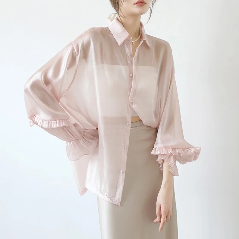 

Sun Protection Women's Shirt European Organza Cover up Summer Matching Halter Skirt Outer Cover up Chiffon Top Collar Lo...