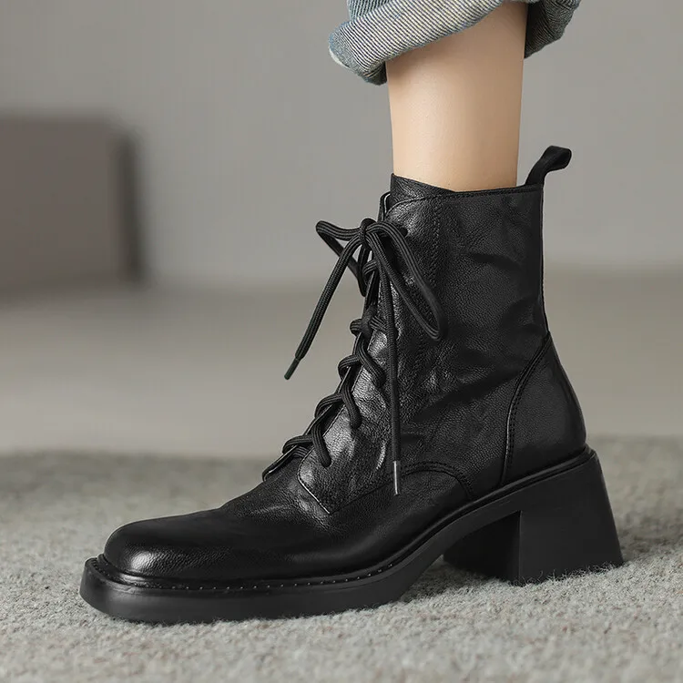 

Hot Fashion Women Riding Boots Platform Black Genuine Leather Short Botas Lace Up Square High Heels Winter Riding Botines Femmes