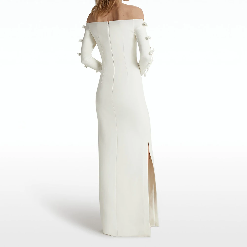 Customized Temperament  Boat Neck Off the Shoulder Jersey Bow Evening Dress Graceful Zipper Back Pleats White Vestido De Noche