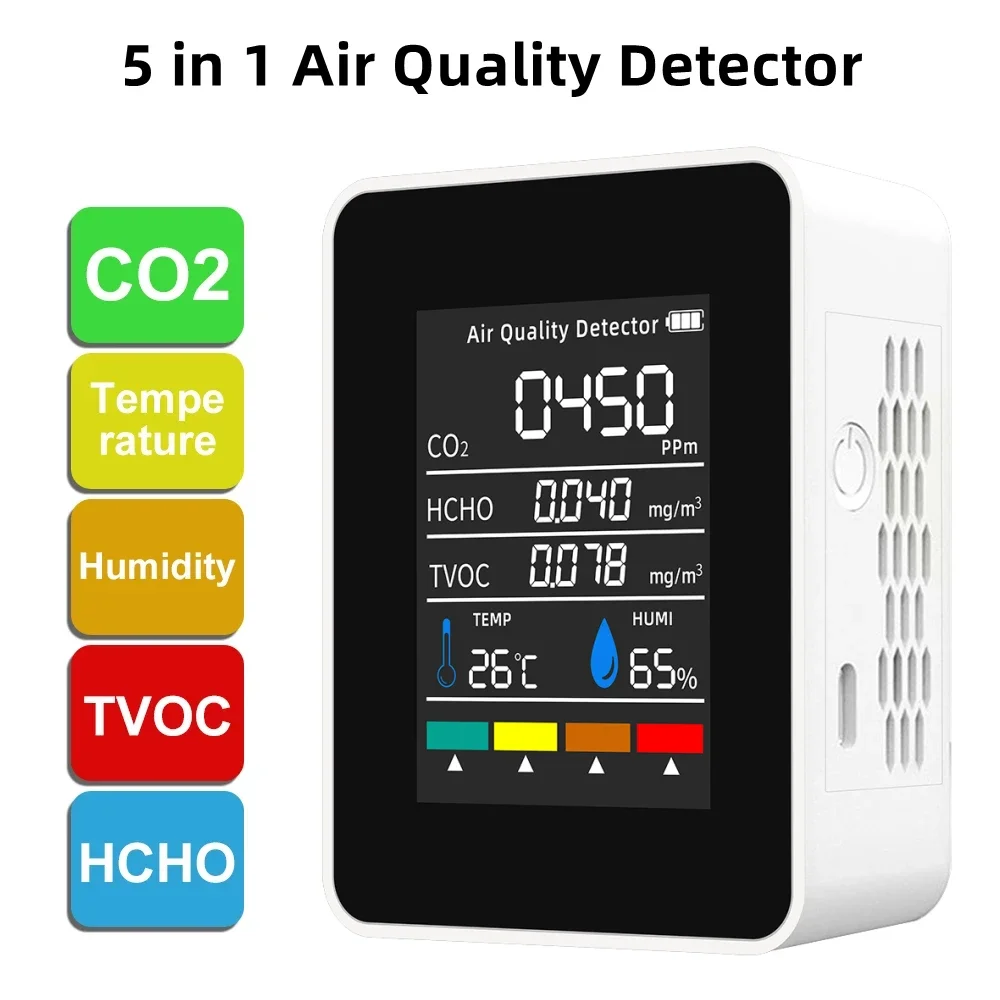 3/5 in 1Air Quality Detector Indoor CO2 Detector Formaldehyde HCHO TVOC Tester LCD Temperature Humidity Tester Alarm CO2 Meter