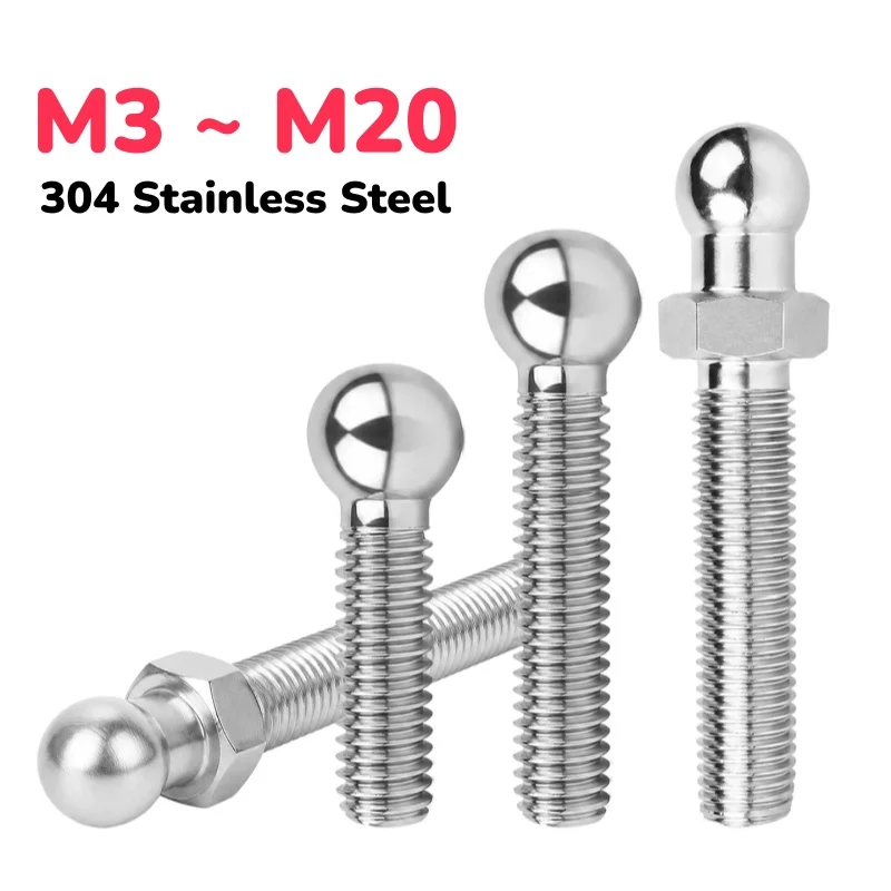 M3 M4 M5 M6 M8 M10 M12 M16 M20 304 Stainless Steel Ball Head Screw Rod Round Ball Screw 3D Ball Rod End Bolt