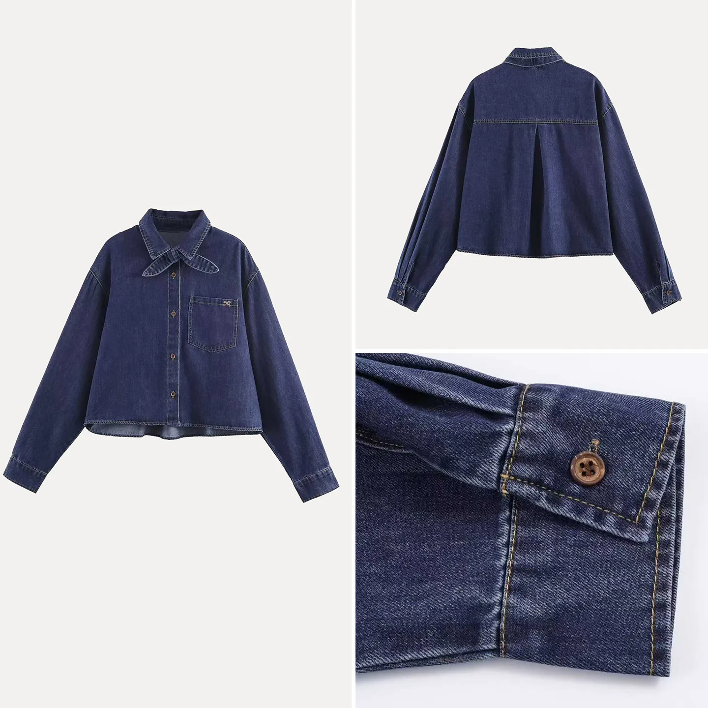 

Faionable Women's Denim irt Knot Tie Waist Patch ket Stand Fit Long Sve round Ne Button down Coat