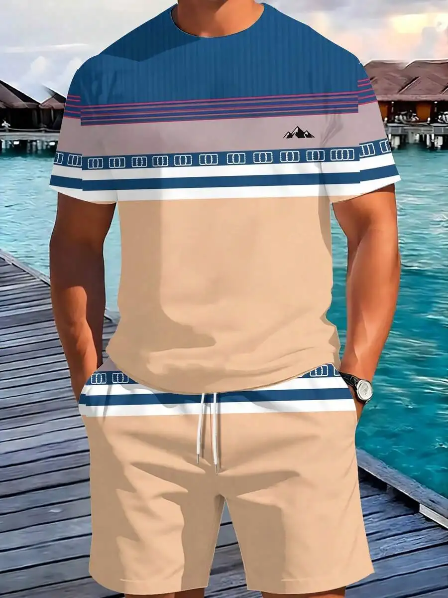 Conjunto de Pantalones Cortos y Camiseta de Manga Corta para Hombre, Diseño de Rayas de Montaña, Conjunto de Dos Piezas