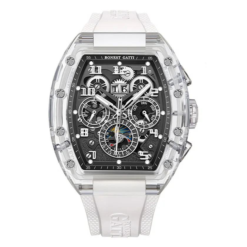 

BONEST GATTI Мужские автоматические часы 45 мм Механические наручные часы Tonneau Акриловый корпус Светящийся мультициферблат Месяц Неделя Дата 24 часа