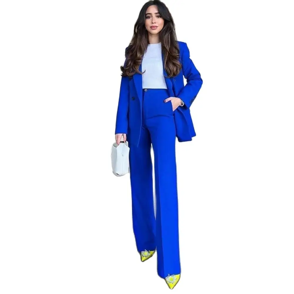 Fashion Chic Blue Suit for Women Single Breasted 2 Piece Jacket Pants Female Clothing Formal Office Lady Slim Fit Blazer Set