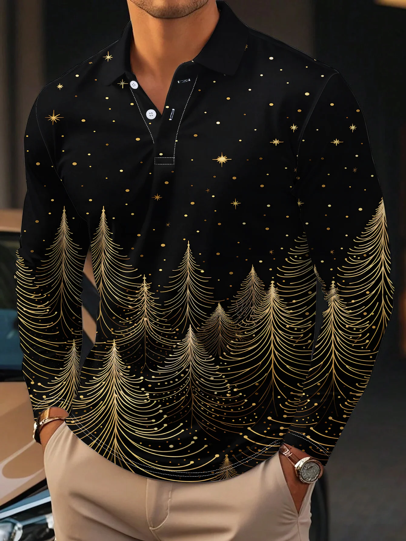 Men's Holiday Themed Long Sleeve Polo Shirt, Christmas Print Collection, Ideal for Festive Gatherings and Special Occasions