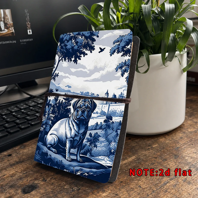 Blue White Porcelain Style Pug Dog Landscape Print Travel Notebook Travelers Journal Replaceable Refill Pocket Diary Pet Lover G