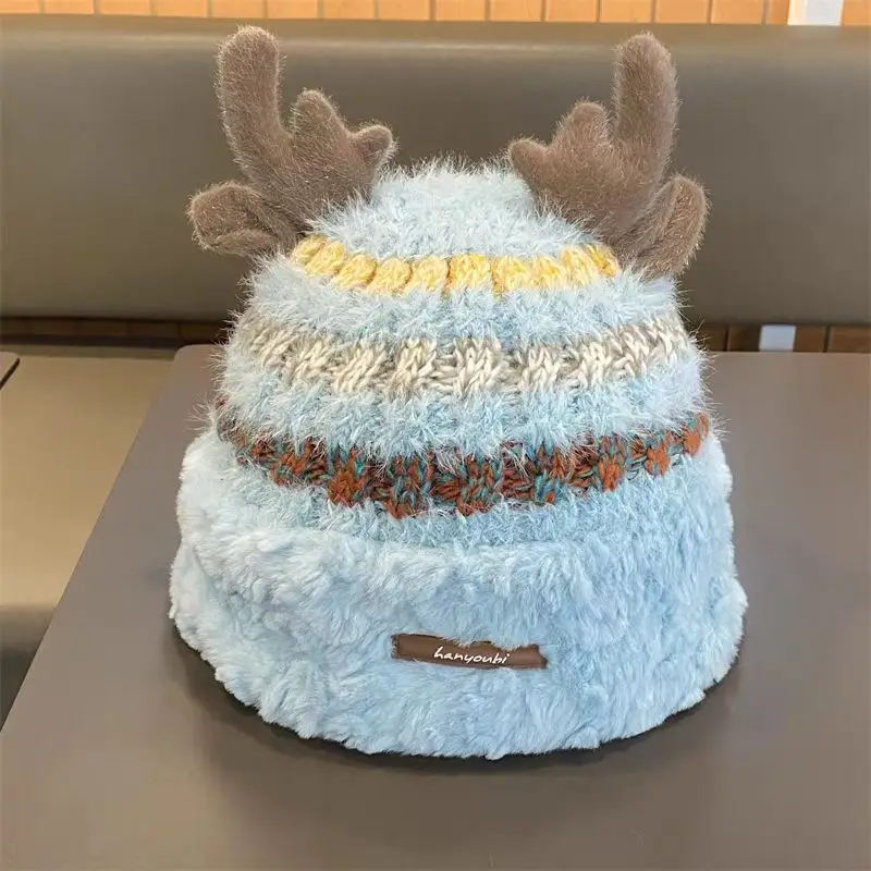 

Рождественская шапка с рогами оленя, женская вязаная шапка, модная цветная шапка-ушанка, зимняя толстая теплая холодная погода