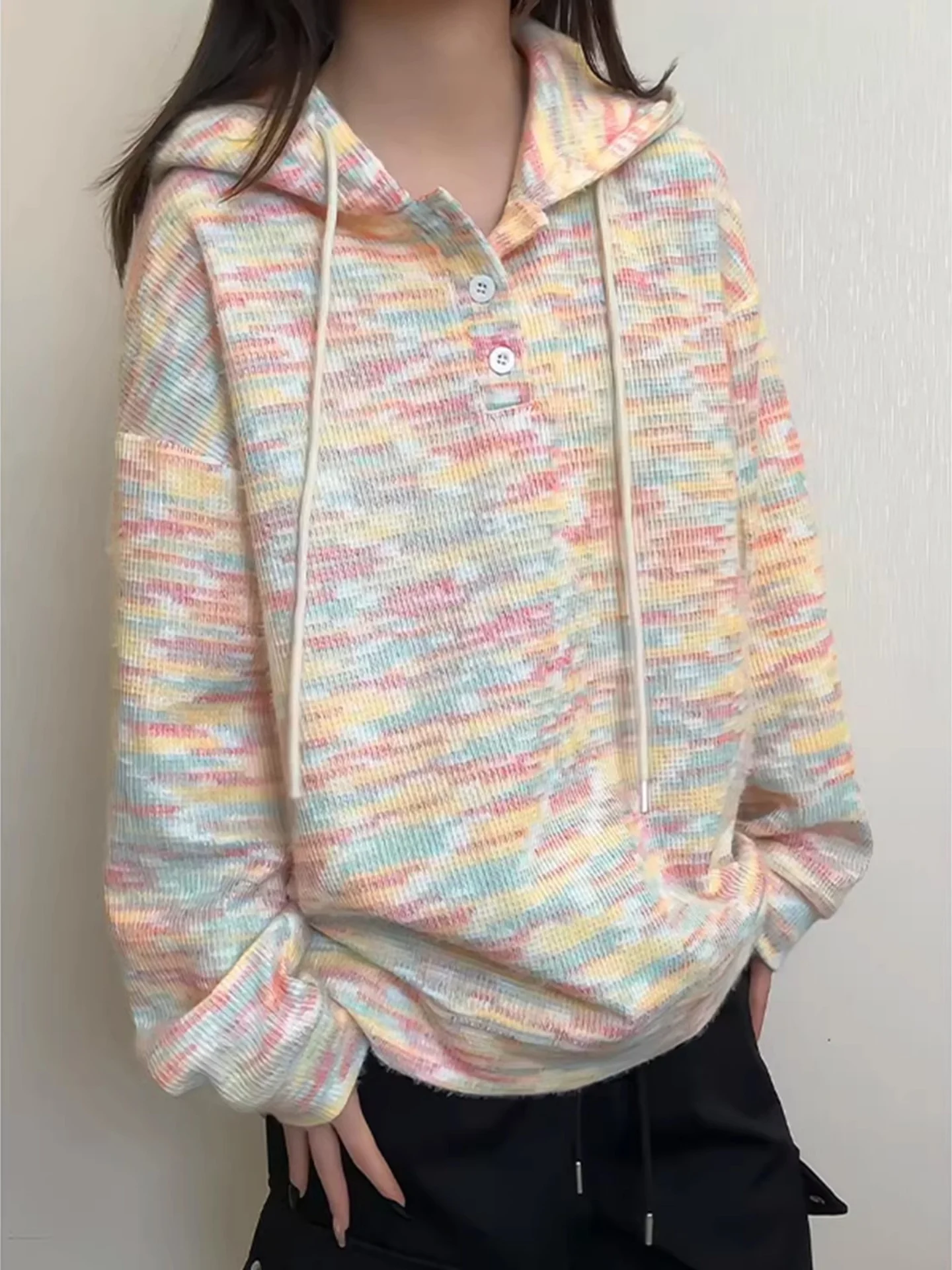

Rainbow Design Hoodie Sweatirt ex Soft Cozy Lazy Sle High End Knitted Outerwear for Winter Casual Daily Wear