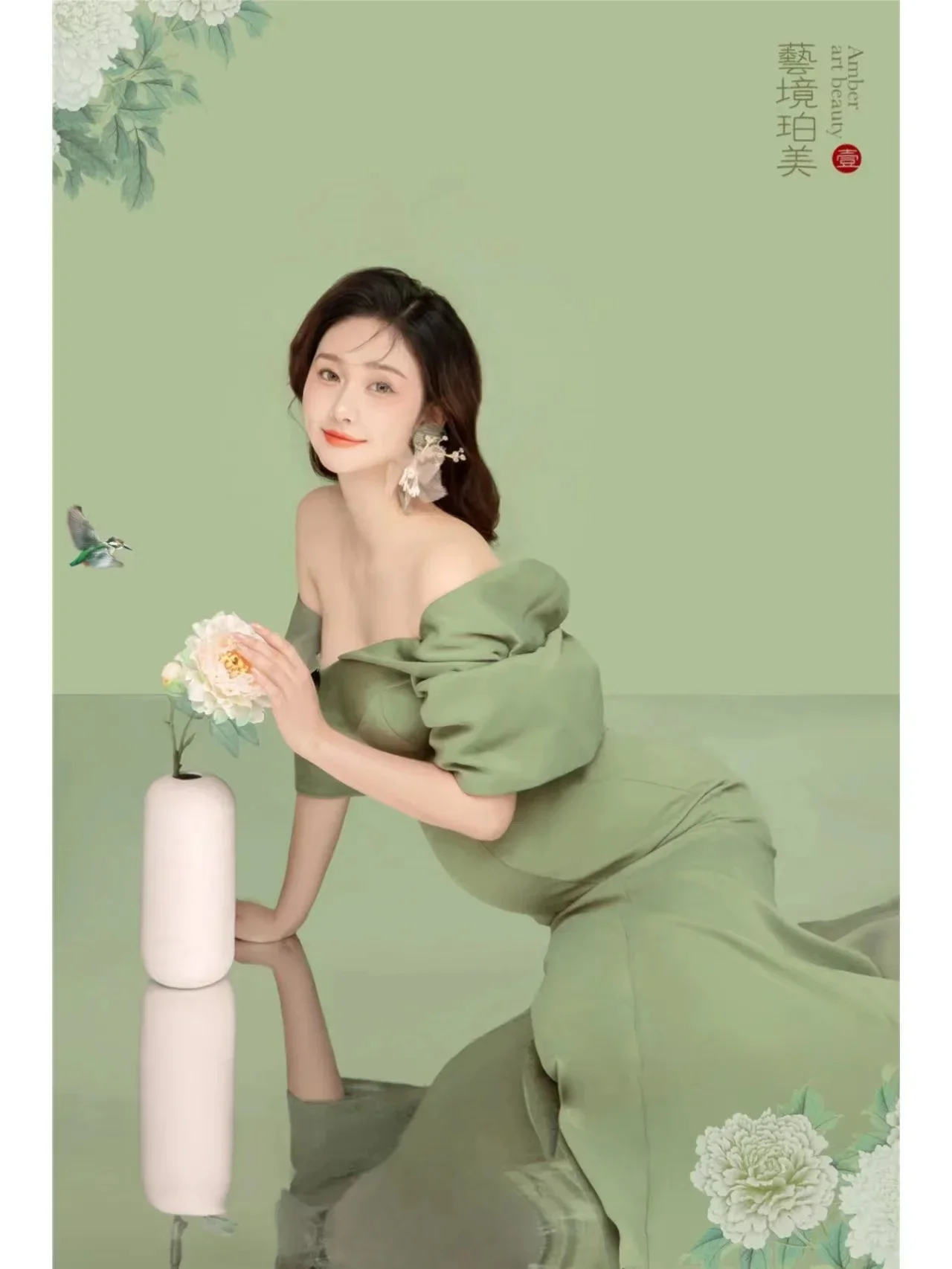 

Green Cute Maternity Dresses For Photo Shoot Shoulderless Long Pregnancy Photography Gown New Pregnant Women Photo Session Dress