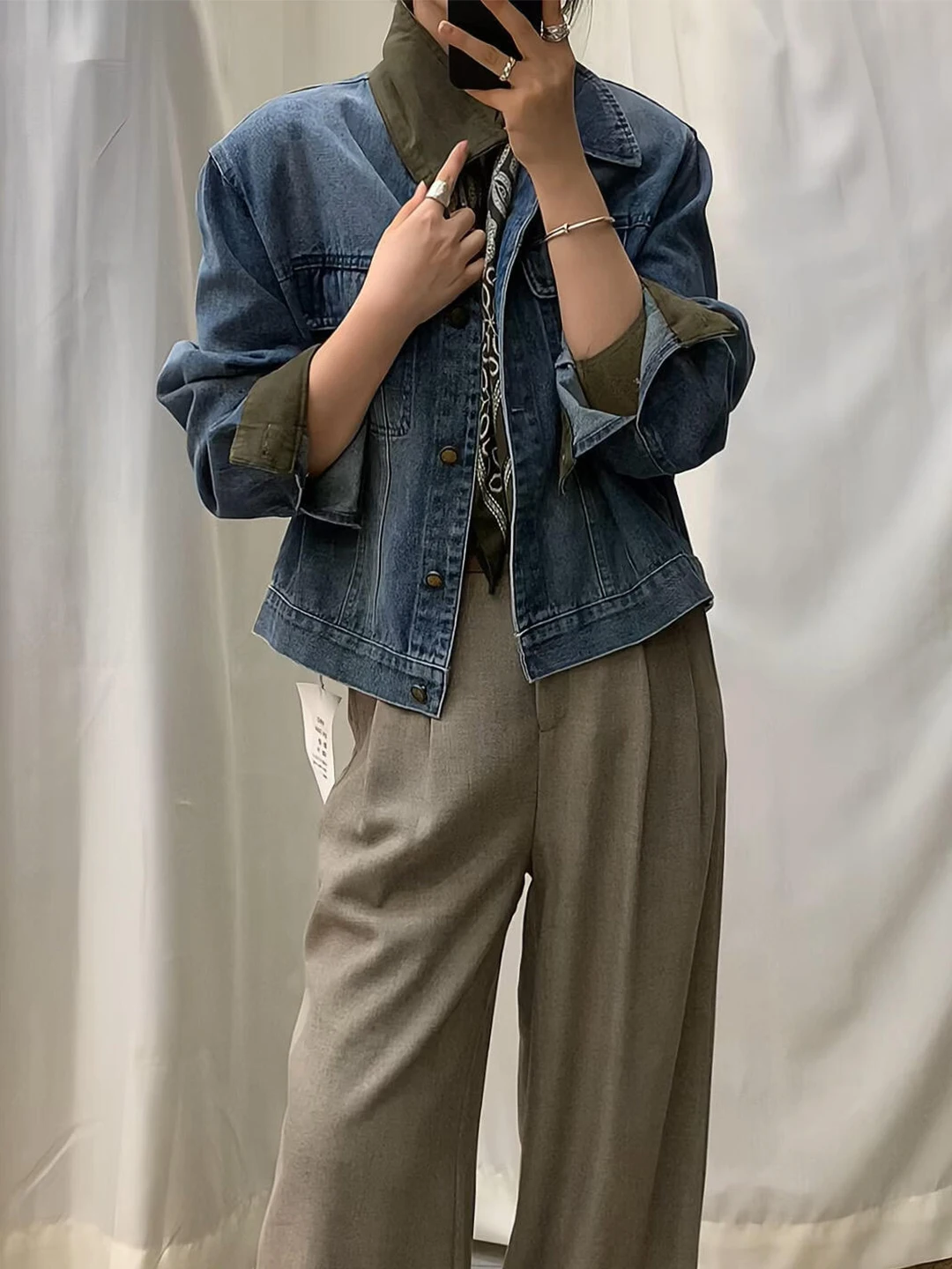 Retro Washed Denim Jacket Women's Shoulder High Short Outerwear Loose Fit Cotton Blend Pure Color Button Closure Coat