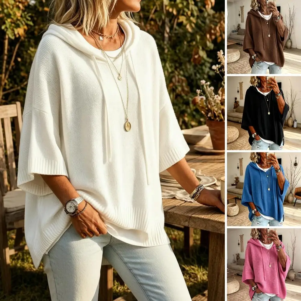 Loose Fit Sweater Autumn Women Knit Pullover Sweater Loose Fit Drawstring Hoodie 3/4 Sleeve Drop Shoulder Top Solid Color 2
