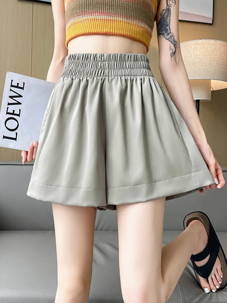 

Solid Color Chic Elastic High Waist Street Shorts for Women Summer New Basic Thin Style Cool Fashion Simple Casual Female Shorts