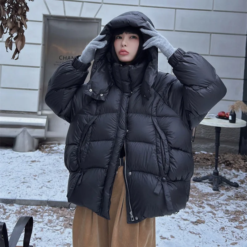 Fluffy Hooded Mid-length Down Jacket Winter Thickened 90 Duck Down Jacket Warm Parka 2024 New Korean Version Bread Down Jacket