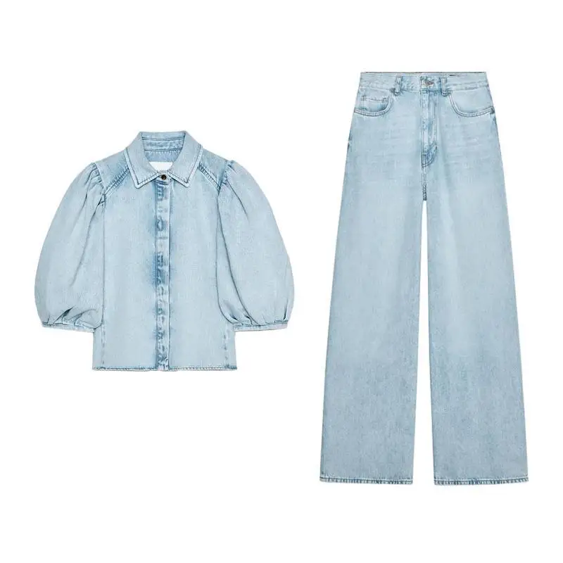 جينز صيفي بياقة منتفخة Sve Denim irt عالي الخصر وواسع الساق بتصميم بسيط جينز نسائي غير رسمي من Faion ort Sve irt