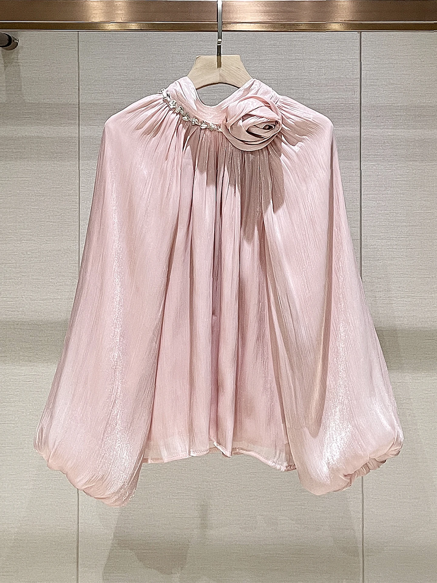 

Spring 2026 Women's Loose Bubble Sve irt Knot 3D Flower Pink Casual Chic Sle Comfortable Breathable Long Sve