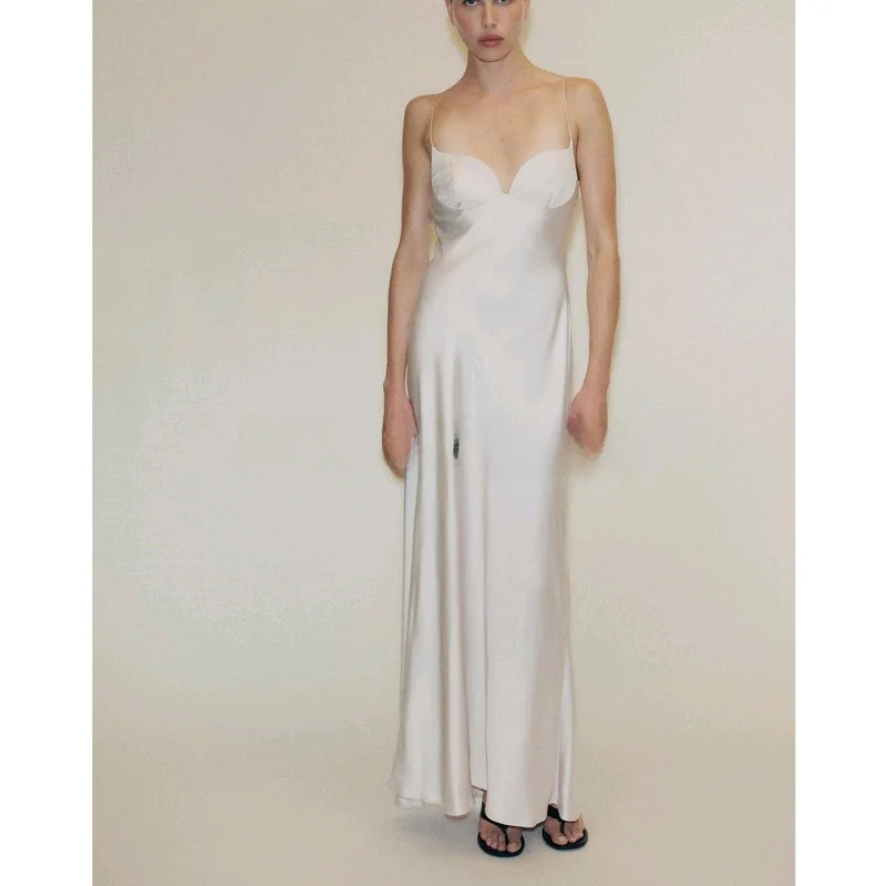 Ele Hohe Taille Seide Satin Lange Dr Sommer Neue Ankunft frauen matte Herz Kragen Svel Kleid Casual Wear