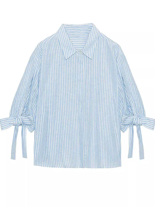 Faionable Linen irt para mujer con nudo diseño a rayas nueva llegada temporada de otoño ort prendas de vestir exteriores Ne