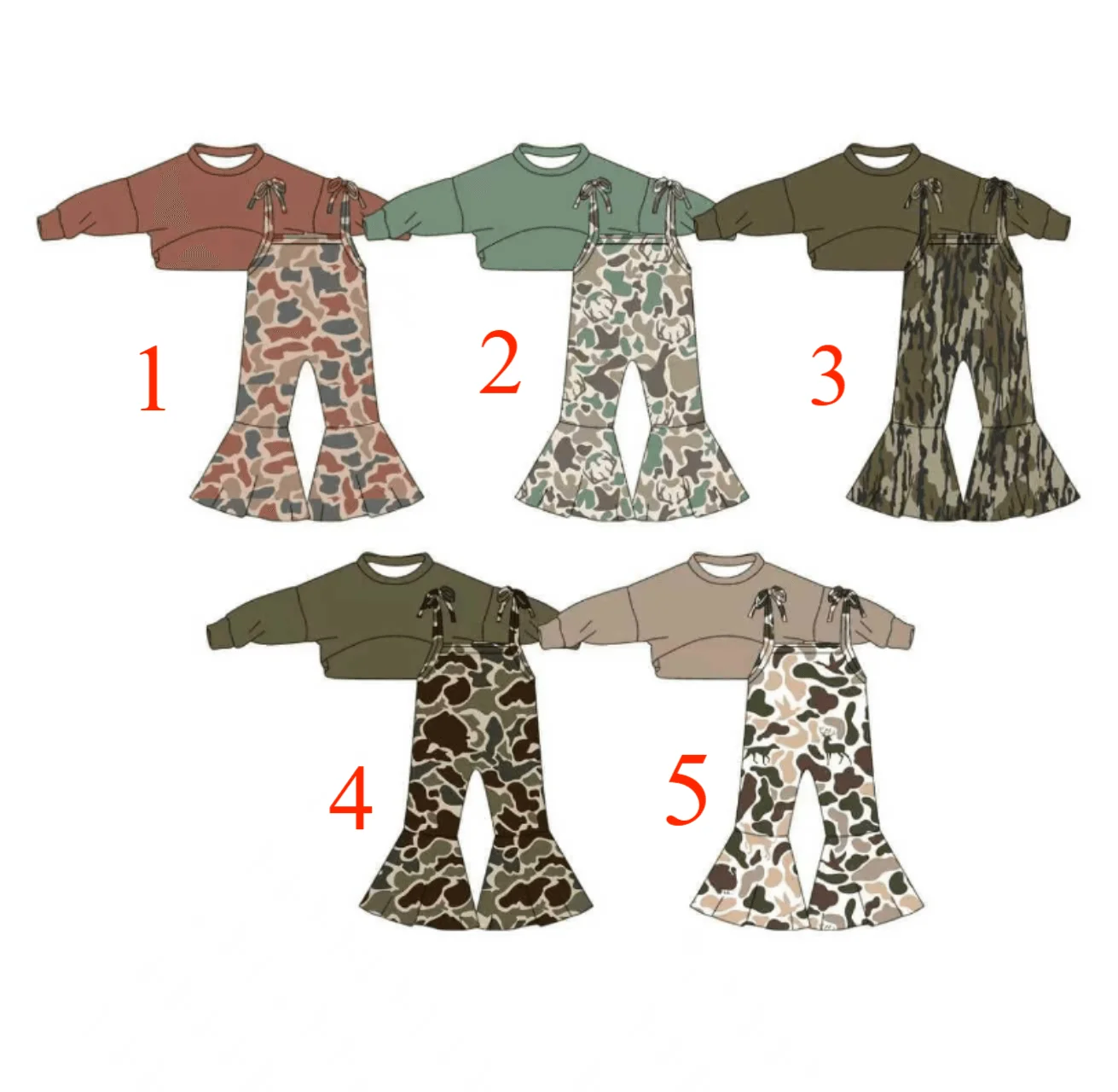 

Fashionable New Long-Sleeved Top with Camouflage Print Suspender Flare Pants Set for Girls