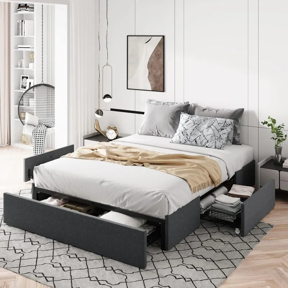 Queen Size Platform Bed Frame  Drawers, Fabric Upholstered, Wooden Slats Support,No Box Spring Needed, Noise Free, Easy Assembly