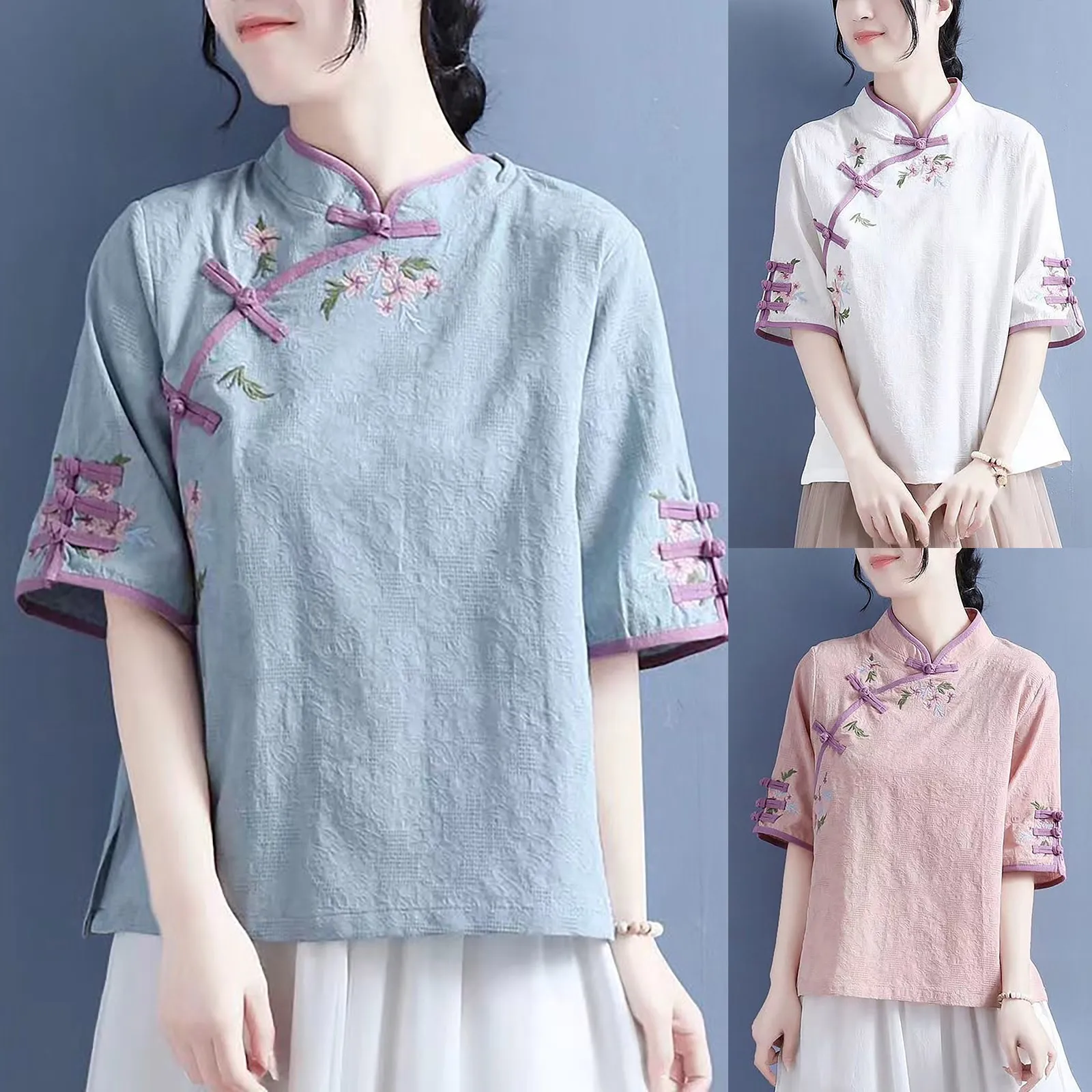 Women's Chinese Embroidered Tang Dress Half Sleeved Zen Tea Dress Cotton Pan Button Ancient Qipao Top Spring/Summer Blouse