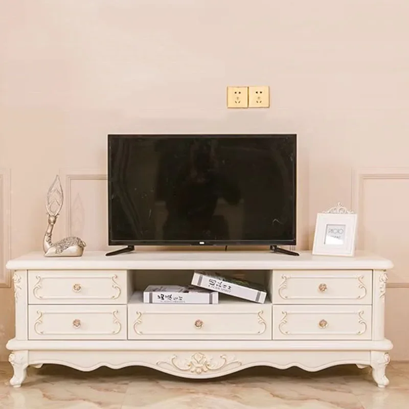 

French Provincial TV Cabinet Ivory White Finish Multi-Function Storage Unit with Wine Rack Scandinavian Compact Living Room Set