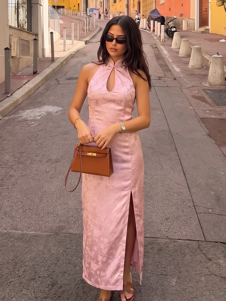 HH Women Summer Chic Pink Floral Jacquard Cheongsam Midi Dress Halter Neck Keyhole Cutout Slit For Brunch Party Vacation Wear