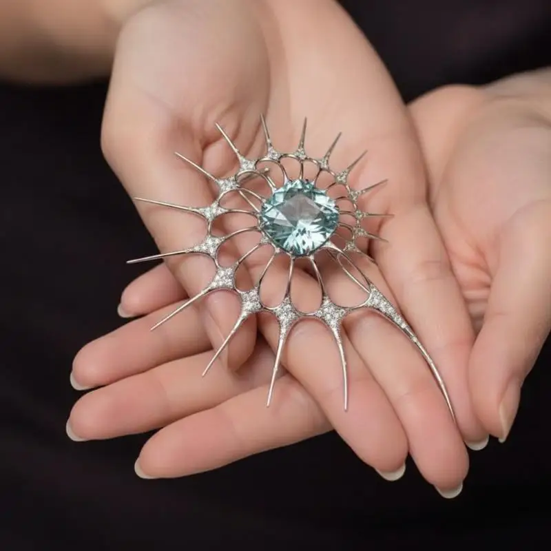 Punk Gothic Luxury Spiky Rhinestone Brooch Irregular Exaggerated Statement Pin for Street Photography Outfit