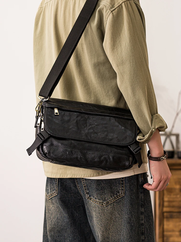 Casual designer handmade genuine leather large-capacity men's black shoulder bag outdoor travel cow leather tablet crossbody bag