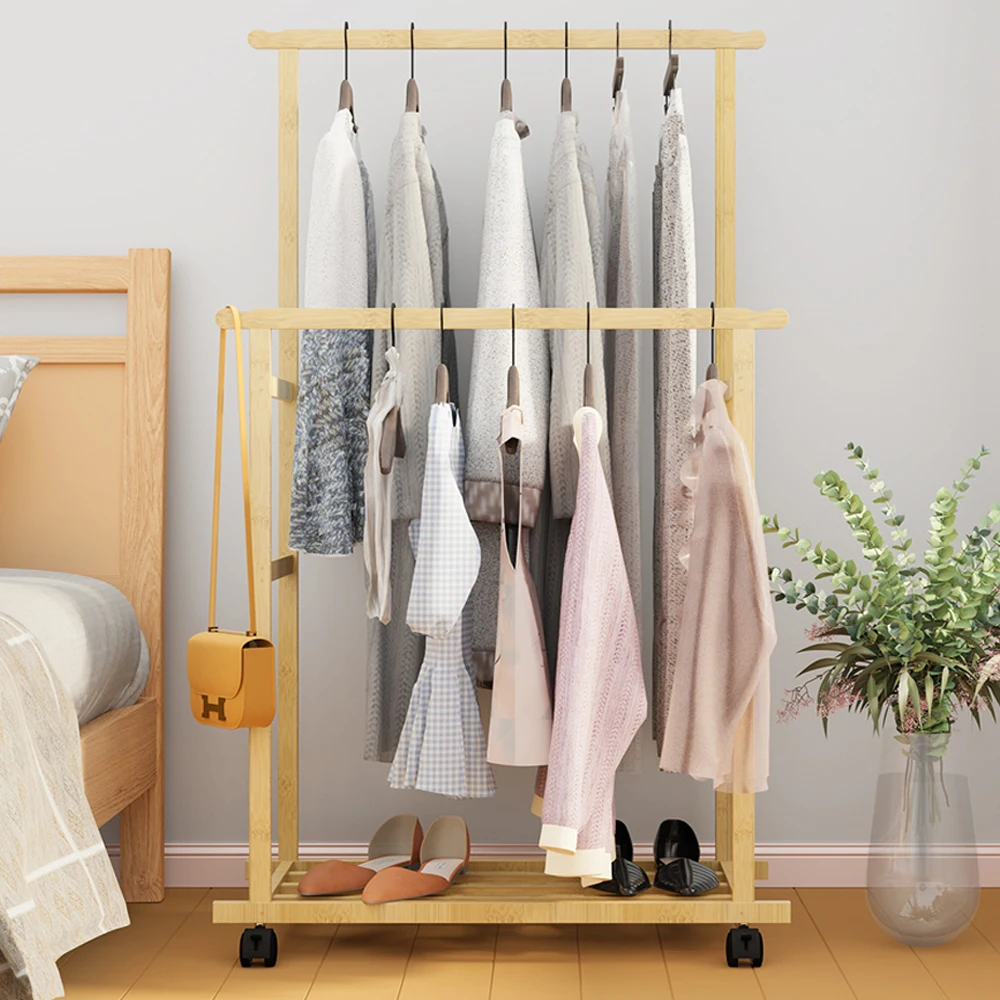 Heavy Duty Clothes Rail Double Layer Garment Hanging Display Stand Rack Wardrobe with Rolling Wheel