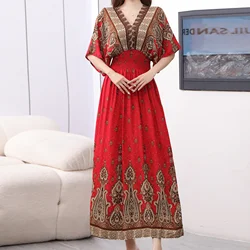 Vintage Retro Women's Red ress New In Office Lady Party Dress V-Neck Short Sleeve A-Line Dress Elastic Waist Chic Print Dress