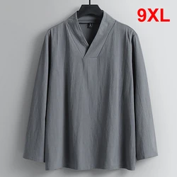 Linen T-shirt Men Spring Summer Long Sleeve Tshirts Plus Size 9XL Fashion Casual Solid Color V-neck Tops Tees Male Big Size