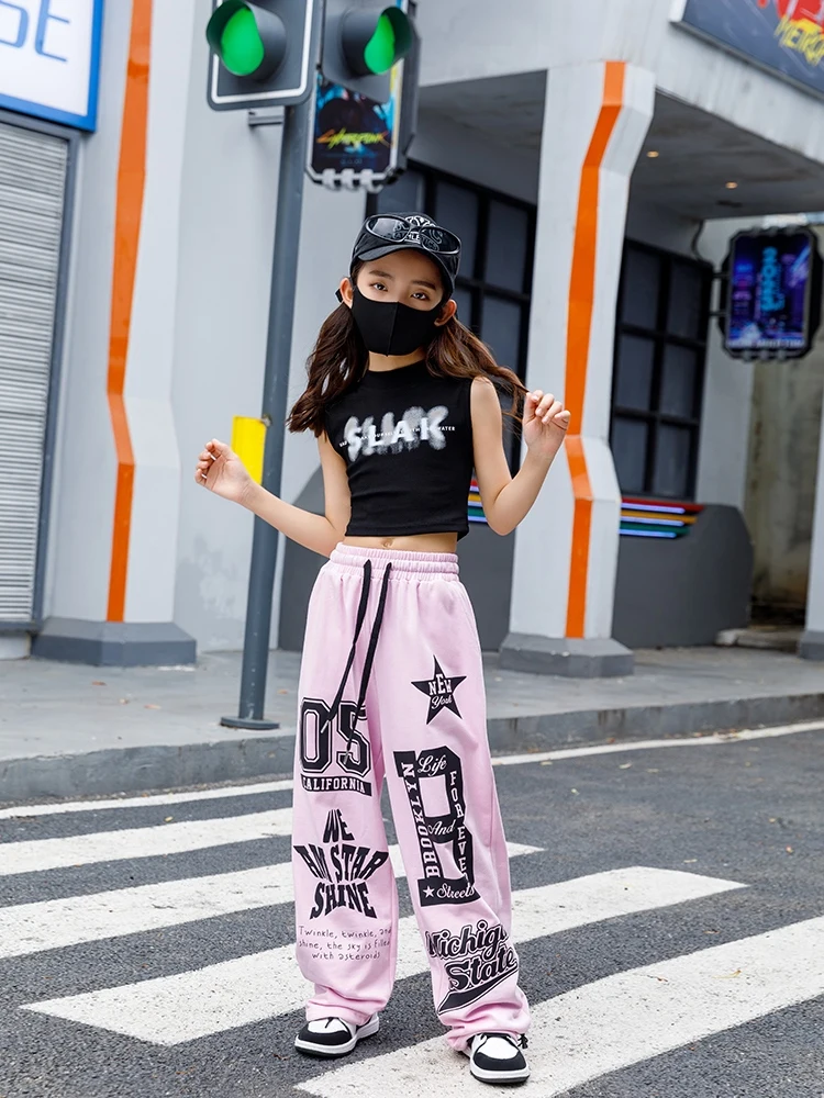 2024 Girls Modern Hip Hop Dance Costumes For Kids Black Vest Pink Pants Streetwear Children Jazz Performance Stage Wear DN17956