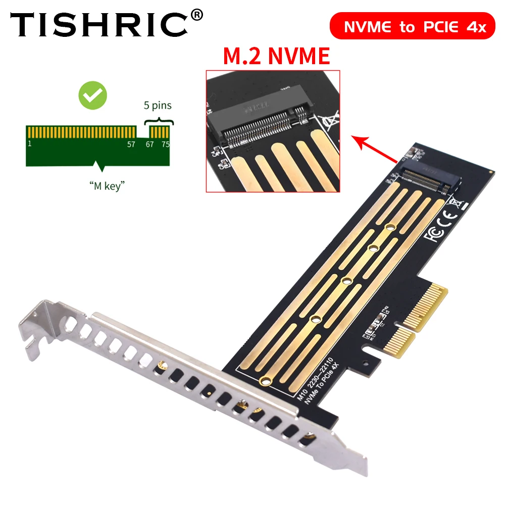 TISHRIC M10 NVME to PCI-E 4X Single Disk Adapter Card 64Gbps M-key Pcle 4x Expansion Card for Desktop PC 2230/2242/2260/2280